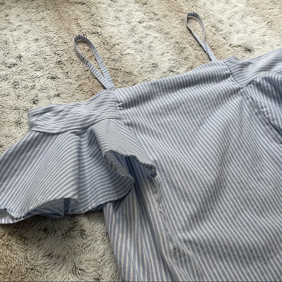 [S] Zara Trafulac Baby Blue & White Striped Fitted Cold Ruffle Shoulder Crop Top - Picture 3 of 12